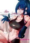  1girl abs age bangs bare_shoulders biceps blue_eyes blue_hair breasts cleavage dog_tags dytm earrings gloves highres jewelry large_breasts leona_heidern looking_at_viewer muscular muscular_female ponytail smile solo tank_top the_king_of_fighters thong torn_clothes 