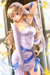  1girl alternate_costume arm_up armlet asymmetrical_clothes breasts choker corrin_(fire_emblem) corrin_(fire_emblem)_(female) dress elbow_gloves esther fire_emblem fire_emblem_fates fire_emblem_heroes gloves hair_ornament hairband long_hair looking_at_viewer platinum_blonde_hair pointy_ears red_eyes side_slit single_glove solo veil white_dress 