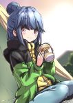  1girl absurdres blue_hair commentary dutch_angle eyebrows_visible_through_hair eyes_visible_through_hair hair_bun highres holding instant_ramen jacket looking_at_viewer medium_hair n2midori outdoors pink_eyes shima_rin sitting smile solo tent wariza winter_clothes younger yurucamp 