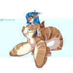  1:1 2020 anthro blue_eyes blue_hair breasts female fish genitals hair katfishcom kneeling marine nude open_mouth patreon patreon_logo pussy razzy_(raspberryjam) shark solo 