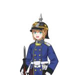  1girl :d aqua_eyes bayonet belt belt_pouch blonde_hair blue_jacket buttons collared_jacket commentary_request custodian_helmet eyebrows_visible_through_hair gloves gotland_(warship_girls_r) gun holding holding_weapon jacket looking_at_viewer military military_uniform open_mouth pouch rifle shoulder_strap smile swedish_commentary swedish_uniform tre_kronor uniform warship_girls_r weapon white_background white_belt white_gloves whiterose_tavern 