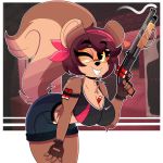  1:1 absurd_res anthro breasts cleavage clothed clothing eyewear female goggles gun hair hi_res mammal one_eye_closed ranged_weapon rodent sciurid solo weapon wink wireless_shiba 