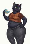  anthro belly big_belly big_butt bottomwear butt cettus clothed clothing dessert digital_media_(artwork) domestic_cat doughnut eating felid feline felis female fingers food fur hair hi_res looking_aside looking_away mae_borowski mammal navel night_in_the_woods notched_ear obese obese_anthro obese_female overweight overweight_anthro overweight_female pants red_eyes shirt simple_background smile solo sprinkles standing t-shirt thick_thighs topwear video_games 