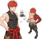  1boy bare_shoulders character_sheet emiya_shirou fate/grand_order fate_(series) highres igote jun_(rand) limited/zero_over looking_at_viewer male_focus open_mouth orange_eyes orange_hair pectorals rope sengo_muramasa_(fate) shimenawa simple_background sleeveless smile solo standing toned toned_male tying upper_body white_background wristband 