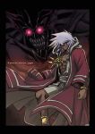  1boy abs anklet bangs bracelet clenched_hand commentary_request dark_skin dark_skinned_male glowing glowing_eyes grey_hair highres hood hood_down jewelry knees long_hair long_sleeves male_focus millennium_ring necklace ring smirk soya_(sys_ygo) yami_bakura yu-gi-oh! yu-gi-oh!_duel_monsters 