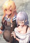  2girls ^_^ black_choker black_neckwear black_ribbon blonde_hair breasts brown_shirt choker cleavage closed_eyes closed_mouth dark_skin dark_skinned_female elf glasses highres hololive large_breasts long_hair looking_at_another mikan_(chipstar182) multiple_girls open_mouth pince-nez pointy_ears red_eyes ribbon sailor_collar shiranui_flare shirogane_noel shirt short_hair silver_hair smile striped striped_shirt sweater vertical-striped_shirt vertical_stripes virtual_youtuber watch white_sailor_collar white_sweater 