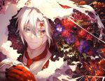  1boy allen_walker blue_eyes closed_mouth d.gray-man dress_shirt facial_mark flower heterochromia highres looking_at_viewer male_focus necktie noan portrait purple_flower red_eyes red_flower red_neckwear shirt short_hair silver_hair smile solo white_shirt 