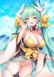  1girl absurdres beach between_breasts bikini blush bow breasts cleavage collarbone day fate/grand_order fate_(series) green_hair hair_bow highres horns japanese_clothes kimono kiyohime_(fate/grand_order) kiyohime_(swimsuit_lancer)_(fate) large_breasts long_hair looking_at_viewer ocean open_mouth outdoors parasol pika_mouse ponytail smile solo swimsuit thighhighs umbrella yellow_bikini yellow_eyes 