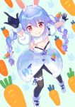  1girl animal_ear_fluff animal_ears bangs black_gloves black_legwear black_leotard blue_hair blush bow braid breasts bunny_ears carrot carrot_hair_ornament commentary_request don-chan_(usada_pekora) dress food_themed_hair_ornament fur-trimmed_gloves fur_trim gloves hair_bow hair_ornament highres hololive leotard licking_lips multicolored_hair pantyhose red_eyes shati shoes short_eyebrows small_breasts thick_eyebrows tongue tongue_out twin_braids two-tone_hair usada_pekora virtual_youtuber white_bow white_dress white_footwear white_hair 