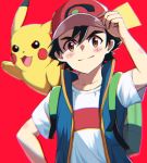  1boy arm_up asada_yo ash_ketchum bangs baseball_cap black_hair blue_jacket blush brown_eyes closed_mouth gen_1_pokemon hair_between_eyes hat jacket looking_at_viewer on_shoulder open_clothes open_jacket pikachu pokemon pokemon_(anime) pokemon_(creature) pokemon_on_shoulder red_background red_headwear shirt short_hair short_sleeves simple_background sleeveless sleeveless_jacket smile standing upper_body white_shirt 