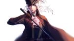  1girl ascot asrikins bloodborne cape coat cravat gem gloves green_eyes hand_up hat hat_feather highres holding holding_sword holding_weapon lady_maria_of_the_astral_clocktower long_hair looking_at_viewer ponytail rakuyo_(bloodborne) simple_background solo sword the_old_hunters tricorne weapon white_background white_hair 