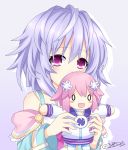  1girl bare_shoulders character_doll choker dated dress eyebrows_visible_through_hair hair_between_eyes highres holding kami_jigen_game_neptune_v long_hair looking_at_viewer neptune_(series) purple_eyes pururut ribbon simple_background solo very_long_hair white_background 