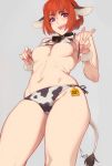  1girl :d animal_ears animal_print bell bell_collar bikini breasts collar cow_ears cow_print cow_tail fake_animal_ears feguimel freckles grey_background highres looking_at_viewer navel open_mouth orange_hair original purple_eyes short_hair simple_background smile solo swimsuit tail teeth underboob v 