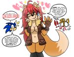  &lt;3 anthro belly blood bodily_fluids bottomless canid canine clothed clothing curvaceous curvy_figure darkwolfhybrid dialogue ear_piercing english_text eulipotyphlan female fox gesture group hair hedgehog hi_res male mammal melina_fox miles_prower navel nosebleed piercing red_hair slightly_chubby smile sonic_the_hedgehog sonic_the_hedgehog_(series) sweat sweatdrop text voluptuous waving 