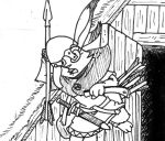  2017 3_toes 4_fingers ambiguous_gender anthro armor belt black_and_white buckteeth cheek_tuft clothing dark_ages doorway facial_tuft feet fingers frown fur headgear helmet holding_object holding_weapon lagomorph leporid mammal medieval melee_weapon monochrome one_ear_up open_door open_frown open_mouth quiver rabbit running sheathed_sword sheathed_weapon short_sword solo spiff sword teeth toes traditional_media_(artwork) tuft tunic weapon white_body white_fur 
