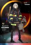  1girl agent_vector_(girls_frontline) artist_request axe boots crossover firefighter girls_frontline grey_hair gun holstered_weapon hose hose_reel jacket kriss_vector new_york_city_fire_department official_alternate_costume official_art pantyhose shawl short_hair solo submachine_gun thighhighs tom_clancy&#039;s_the_division vector_(girls_frontline) watch weapon wristwatch yellow_eyes 