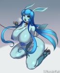  2021 anthro anthrofied big_breasts blue_eyes blue_hair breasts clothing eeveelution female footwear glaceon gradient_background grey_background hair hi_res high_heels huge_breasts humanoid_face lips lipstick liveforthefunk long_hair looking_at_viewer makeup nintendo nipples pok&eacute;mon pok&eacute;mon_(species) pok&eacute;morph shoes simple_background solo thick_lips video_games white_background 