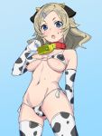 1girl animal_ears bangs bare_shoulders bell bikini blonde_hair blue_eyes blush breasts breasts_apart brown_hair character_request covered_nipples cow_girl cow_horns cowbell elbow_gloves gloves hair_ornament hairclip high_school_fleet highres horns large_breasts light_blue_background medium_breasts micro_bikini navel onsen_tamago_(hs_egg) open_mouth parted_bangs sweat swimsuit 