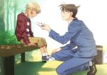  2boys amuro_tooru bangs bench black_shirt blazer blonde_hair blue_jacket blue_pants brown_footwear brown_hair child collared_shirt commentary_request crying crying_with_eyes_open dappled_sunlight day dirty dirty_clothes eye_contact from_side giving green_neckwear handkerchief holding holding_handkerchief jacket k_gear_labo kudou_shin&#039;ichi long_sleeves looking_at_another male_focus meitantei_conan multiple_boys necktie open_clothes open_jacket outdoors pants red_jacket school_briefcase school_uniform scratches shadow shirt shoes short_hair sitting smile sneakers socks squatting striped striped_shirt sunlight tears teitan_high_school_uniform time_paradox tree two-tone_shirt white_legwear white_shirt younger 