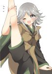  1other androgynous bow brown_coat coat highres houlen_yabusame leg_up len&#039;en one_eye_closed open_mouth ougi_hina short_hair short_hair_with_long_locks shorts silver_eyes silver_hair smile solo split standing standing_on_one_leg standing_split 