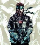  1boy beard black_jacket brown_hair drip_(meme) facial_hair green_headband hands_together headband jacket looking_at_viewer male_focus meme metal_gear_(series) metal_gear_solid scowl solid_snake solo supreme teoft zoom_layer 