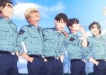  5boys :d ^_^ amuro_tooru arm_around_shoulder arm_up bangs belt black_hair blonde_hair blue_pants blue_shirt blue_sky brown_hair cigarette closed_eyes cloud collared_shirt commentary_request date_wataru day dirty dirty_clothes dirty_face facing_another from_side grin hagiwara_kenji hair_between_eyes hand_in_pocket hand_up hands_in_pockets happy holding holding_cigarette k_gear_labo laughing male_focus matsuda_jinpei meitantei_conan mouth_hold multiple_boys open_mouth pants police police_uniform policeman scotch_(meitantei_conan) scratches shirt short_hair sky sleeves_rolled_up smile smoking stalk_in_mouth standing teeth uniform upper_teeth 