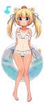  1girl :3 animal_ear_fluff animal_ears arms_behind_back bangs barefoot bikini blue_eyes blue_ribbon blush cat_ears closed_mouth collarbone commentary_request crown eyebrows_visible_through_hair flat_chest frilled_bikini frills full_body hair_ribbon holding holding_innertube indie_virtual_youtuber innertube long_hair mini_crown musical_note navel nm-chan one-piece_tan red_headwear ribbon simple_background solo standing stomach striped striped_bikini swimsuit tan tanline tatsunokosso twintails virtual_youtuber white_background white_bikini 