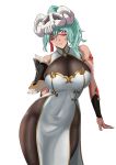  1girl absurdres akfg-uw-178 aqua_hair bare_shoulders bleach bodysuit breasts china_dress chinese_clothes cleavage covered_navel dark_skin dark_skinned_female dress facial_mark grey_eyes highres long_hair looking_at_viewer mask mask_on_head nelliel_tu_odelschwanck ponytail simple_background smile solo white_background 
