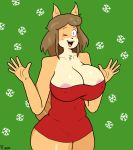  anthro areola big_areola big_breasts blush breasts canid canine canis clothing domestic_dog epsilon_eevee female hi_res june_(jinu) mammal mature_female nipple_outline one_eye_closed red_clothing shiba_inu smile solo spitz thick_thighs wink 
