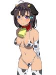  1girl ahoge animal_ears bangs bare_shoulders bell bikini blush breasts brown_hair character_request closed_mouth cow_girl cow_horns cowbell elbow_gloves eyebrows_visible_through_hair gloves high_school_fleet highres horns long_hair medium_breasts micro_bikini onsen_tamago_(hs_egg) print_legwear purple_eyes simple_background smile solo swimsuit thighhighs white_background 