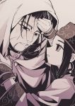 1boy 1girl absurdres ainu ainu_clothes arm_up asirpa bandana black_eyes black_hair cape collared_jacket ear_piercing earrings facial_hair fever golden_kamuy greyscale hair_slicked_back hair_strand hand_on_another&#039;s_face hand_up highres hood hood_up hooded_cape hoop_earrings imperial_japanese_army jewelry lemonade2333 long_hair long_sleeves looking_at_another looking_down military military_uniform monochrome ogata_hyakunosuke parted_lips piercing scar scar_on_cheek scar_on_face short_hair sidelocks simple_background stubble sweat uniform upper_body white_cape wide_sleeves 