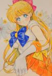  1girl absurdres aino_minako bishoujo_senshi_sailor_moon blonde_hair blue_bow blue_eyes blush bow diadem earrings flower gloves hair_bow highres jewelry lemon102011 long_hair looking_at_viewer orange_skirt pleated_skirt red_bow sailor_senshi_uniform sailor_venus short_sleeves skirt solo traditional_media very_long_hair watercolor_(medium) white_flower white_gloves yellow_bow yellow_flower 