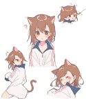  1girl :&lt; ? absurdres ahoge animal_ears bangs blush bob_cut brown_eyes brown_hair cat_ears cat_tail cat_teaser character_sheet collarbone excited furrowed_eyebrows hair_between_eyes hair_strand highres himaneko. jacket looking_at_viewer looking_back misaka_mikoto motion_lines multiple_views naked_jacket parted_lips raised_eyebrows short_hair simple_background sleeping sleeves_past_fingers sleeves_past_wrists surprised tail to_aru_kagaku_no_railgun to_aru_majutsu_no_index track_jacket white_background white_jacket zipper 