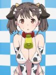  1girl animal_ears animal_print bell bikini breasts brown_eyes brown_hair cow_ears cow_girl cow_horns cow_print cowbell elbow_gloves eyebrows_visible_through_hair gloves high_school_fleet highres horns large_breasts onsen_tamago_(hs_egg) open_mouth print_gloves print_legwear shiretoko_rin side-tie_bikini solo sweat swimsuit twintails 