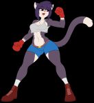 anthro black_background blue_body blue_fur blue_hair bottomwear boxing_gloves breasts clothed clothing dipstick_tail domestic_cat felid feline felis female fur hair handwear hi_res mammal multicolored_tail navel red_eyes sesame_akane shirt shorts simple_background skidd solo tank_top topwear uberquest webcomic 