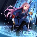  1girl black_footwear blue_eyes boots breasts closed_mouth full_body highres holding holding_sword holding_weapon kneeling liusu_hongchen long_hair looking_at_viewer medium_breasts military military_uniform original pink_hair planted_sword planted_weapon smile solo sword uniform very_long_hair weapon 