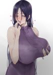  1girl absurdres bangs blinkblink_art blush breast_hold breasts fate/grand_order fate_(series) heart highres large_breasts long_hair looking_at_viewer low-tied_long_hair minamoto_no_raikou_(fate/grand_order) open_mouth parted_bangs purple_eyes purple_hair purple_sweater ribbed_sweater sleeveless sleeveless_turtleneck sweater tongue tongue_out turtleneck very_long_hair 