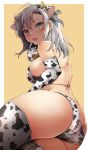  1girl animal_ears animal_print ass bell bikini blue_eyes border breasts cow_ears cow_horns cow_print cowbell elbow_gloves fake_animal_ears fake_horns finger_licking gloves grey_hair horns kantai_collection kinugasa_(kantai_collection) large_breasts licking looking_at_viewer medium_hair outside_border sawamura_aoi solo swimsuit thighhighs two-tone_bikini white_border yellow_background 