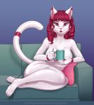  absurd_res anthro casual_nudity cup curled_hair felid feline female hair hi_res lipstick long_nails looking_at_viewer makeup mammal nylonlyon rubber sitting solo 