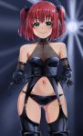  &gt;:) 1girl aqua_eyes bangs bdsm black_gloves black_legwear black_panties boots breasts closed_mouth collarbone commentary_request dark_room dominatrix elbow_gloves eyebrows_visible_through_hair garter_belt gloves highres holding holding_whip igarashi_kyouhei kurosawa_ruby light looking_at_viewer love_live! love_live!_sunshine!! navel panties red_hair riding_crop short_hair sleeveless small_breasts smile solo standing thigh_boots thighhighs two_side_up underwear zipper 