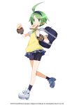  1girl 2019 ahoge bag bike_shorts black_legwear blue_skirt cardigan_vest clenched_hand copyright disgaea female_warrior_(disgaea) food food_in_mouth full_body green_eyes green_hair hairband highres mouth_hold official_art pleated_skirt pointy_ears school_bag short_hair short_sleeves simple_background skirt solo toast toast_in_mouth walking white_background wristband 
