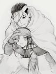  1boy 1girl ainu ainu_clothes asirpa bandaged_head bandages bandana black_eyes black_hair cape couple ear_piercing earrings facial_hair fur_cape gloves golden_kamuy greyscale hair_slicked_back hair_strand hand_on_another&#039;s_face hand_on_another&#039;s_head hetero highres hood hood_down hooded_cape hoop_earrings hug hug_from_behind imperial_japanese_army jacket jewelry lemonade2333 long_hair long_sleeves looking_at_another looking_at_viewer military military_uniform monochrome ogata_hyakunosuke one_eye_covered parted_lips piercing scar scar_on_cheek scar_on_face short_hair sidelocks simple_background smile stubble undercut uniform upper_body white_background white_cape wide_sleeves 