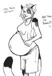  2011 anthro belly big_belly boxers_(clothing) calico_cat clothing clothing_pull dialogue domestic_cat felid feline felis female fur hair looking_at_viewer mammal monochrome mottled piebald pregnant shirt shirt_pull solo thealtoid topwear topwear_pull underwear 