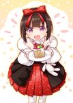  1girl :d bangs bare_shoulders black_hair blush bow commentary_request dress eyebrows_behind_hair food food_in_mouth fork fruit girls_frontline hair_bow highres holding holding_fork holding_plate looking_at_viewer m99_(girls_frontline) open_mouth pantyhose plate pleated_dress purple_eyes red_bow red_dress sansei_rain smile solo standing strapless strapless_dress strawberry white_legwear 