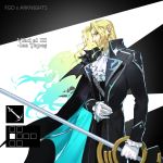  1boy arknights ascot bang blonde_hair blue_eyes blue_hair coat elle_shengxuan_shi fate/grand_order fate_(series) finger_gun gloves highres holding holding_weapon looking_at_viewer male_focus multicolored_hair pointy_ears polearm spear two-tone_hair upper_body vampire vlad_iii_(fate/apocrypha) weapon 