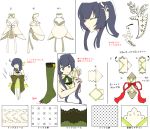  1girl adjusting_hair bangs bare_shoulders black_hair character_sheet closed_eyes dress eyebrows_visible_through_hair green_legwear hair_ornament hair_ribbon hair_tubes kantai_collection kouga_(mutsumi) long_hair mizuho_(kantai_collection) multiple_views ribbon sash sidelocks simple_background sleeveless sleeveless_dress smile tassel translation_request white_background 