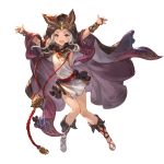  1girl :d animal_ears arm_guards arms_up bridal_gauntlets cape cloak cross-laced_footwear dragon ears_through_headwear erune eyebrows full_body granblue_fantasy hood hooded_cloak long_hair looking_at_viewer official_art open_mouth pelvic_curtain red_eyes scathacha_(granblue_fantasy) skirt sleeveless smile solo teeth thighs tongue transparent_background white_hair 