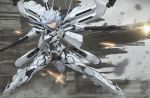  1girl armor armored_core armored_core:_for_answer blue_eyes commentary_request dual_wielding dust_cloud eyebrows_visible_through_hair firing frown gun highres holding mecha_musume medium_hair personification rifle solo thrusters tom-neko_(zamudo_akiyuki) weapon white_glint white_hair 