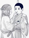  1boy 1girl ainu ainu_clothes animal asirpa bandana berries black_eyes black_hair blush buzz_cut couple dead_animal ear_piercing earrings feeding food from_side golden_kamuy greyscale gun hetero highres holding holding_animal holding_food japanese_clothes jewelry kimono lemonade2333 long_hair long_sleeves looking_at_another monochrome ogata_hyakunosuke open_mouth over_shoulder piercing rifle sheath short_hair simple_background standing upper_body very_short_hair weapon weapon_over_shoulder white_background wide_sleeves younger 