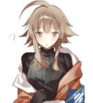  1girl :o ? arknights armband bangs black_gloves black_sweater blush breasts brown_eyes brown_hair closed_mouth commentary_request en_(shisui_no_utage) eyebrows_visible_through_hair gloves hair_between_eyes jacket long_hair long_sleeves looking_at_viewer mayer_(arknights) medium_breasts off_shoulder open_clothes open_jacket orange_jacket ribbed_sweater sidelocks skirt solo sweater upper_body white_background 